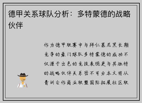 德甲关系球队分析：多特蒙德的战略伙伴